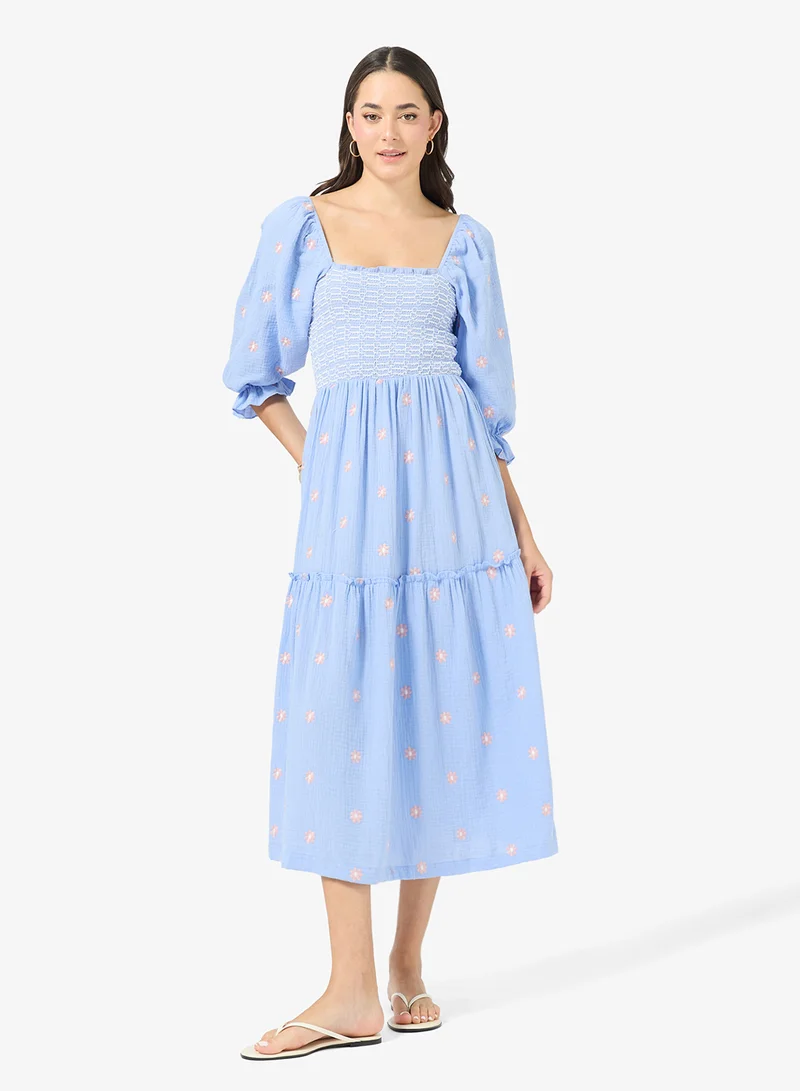 Puff Sleeve Smocked Floral A-Line Dress