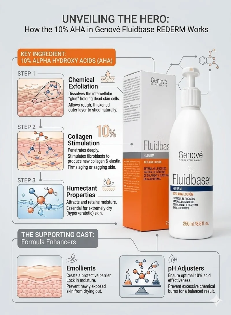 لوشن Genové Fluidbase Rederm 10% AHA (250 مل) – علاج مكثف لتقشير الجسم للبشرة الجافة والخشنة والمتصلبة – يحتوي على حمض الجليكوليك لتنعيم الركبتين والمرفقين