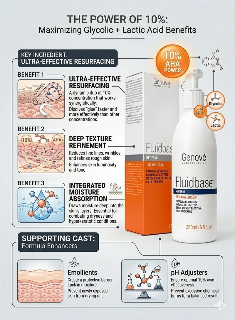 لوشن Genové Fluidbase Rederm 10% AHA (250 مل) – علاج مكثف لتقشير الجسم للبشرة الجافة والخشنة والمتصلبة – يحتوي على حمض الجليكوليك لتنعيم الركبتين والمرفقين