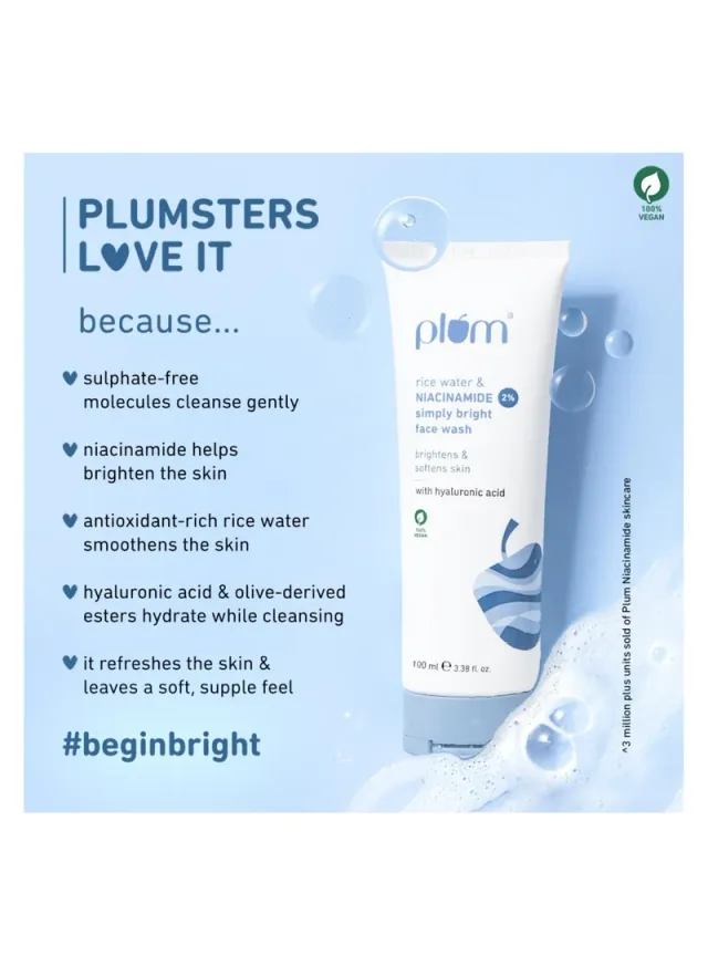 Plum Simply Bright 2% Niacinamide Rice Water Brightening Face Wash 100ml – image 6