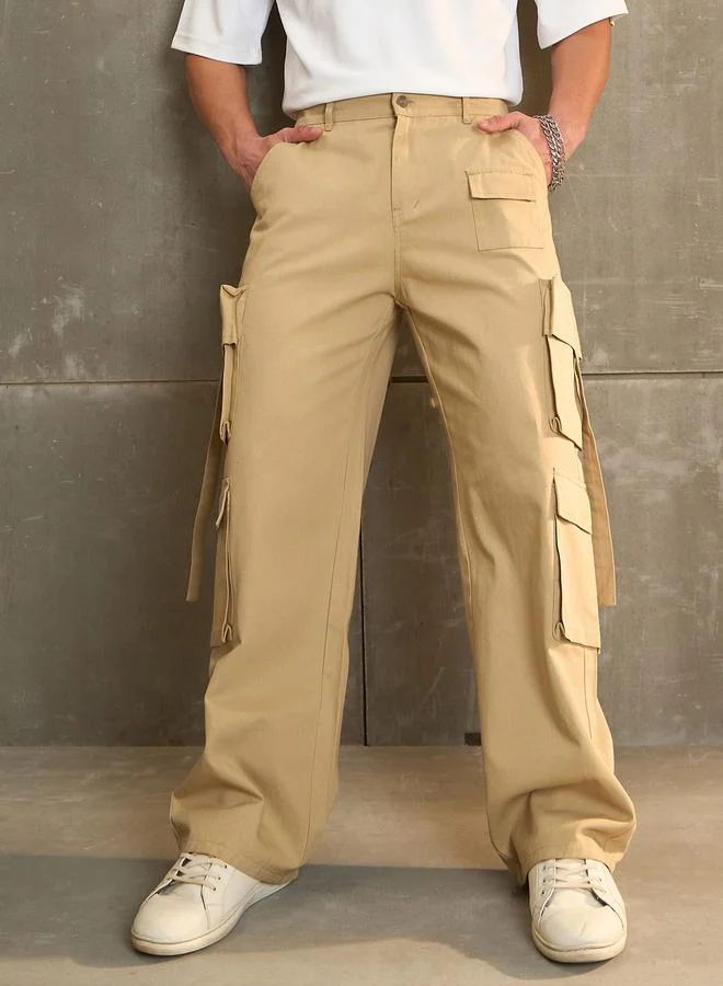 Sassafras Twill Cargo Wide Leg Pants Beige
