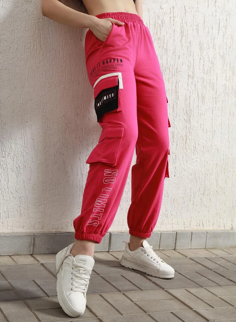 Printed High-Rise Cargo Joggers Pink