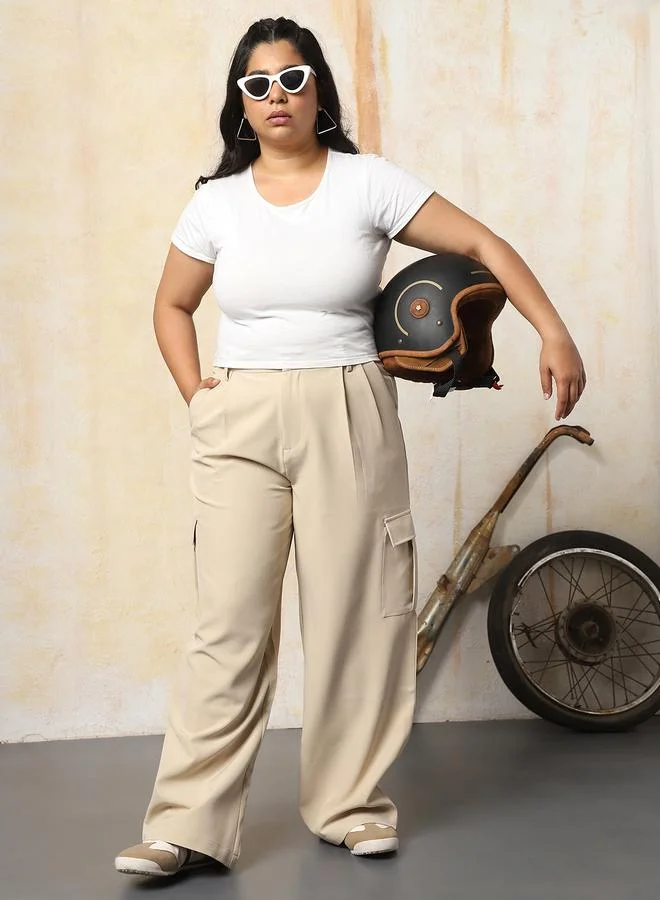 Women Loose Fit High-Rise Wrinkle Free Pleated Cargo Trousers