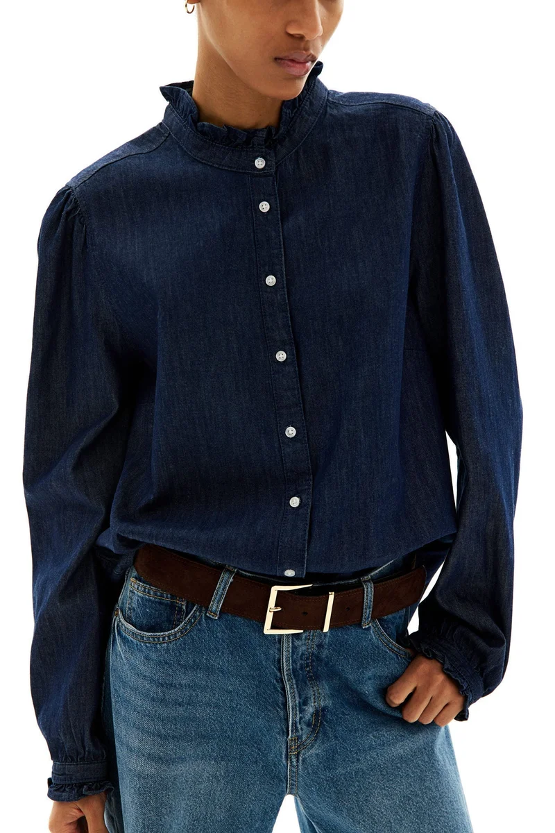 Frill Trim Denim Blouse