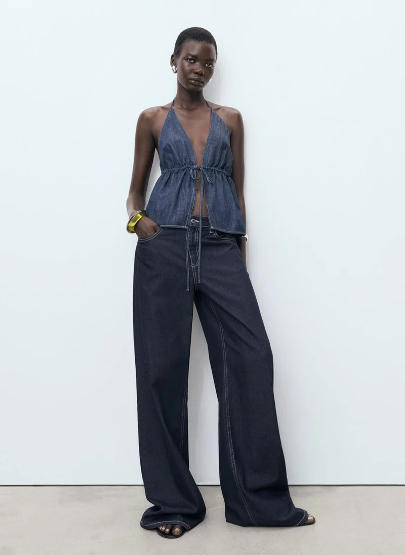 Denim V-neck Top with Bow