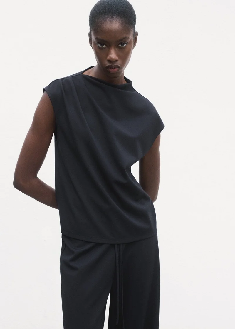 Gathered Asymmetrical Neck T-Shirt