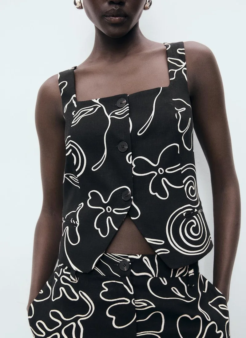 Linen Floral Print Waistcoat