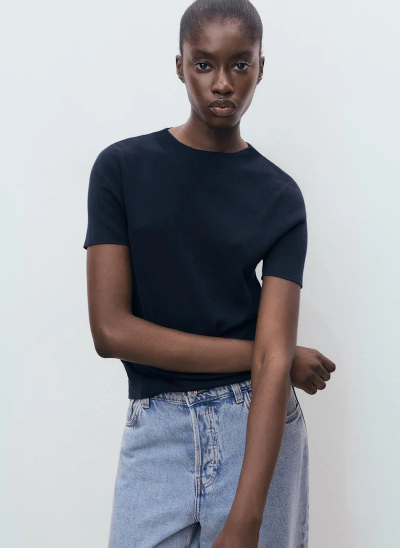 Fine-Knit Short-Sleeve Sweater