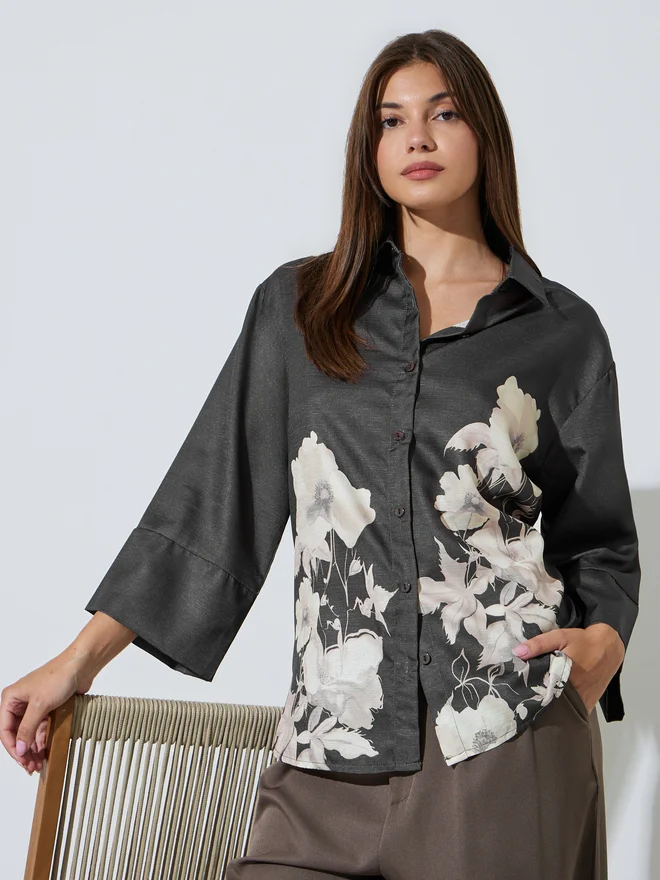Charcoal Floral Print 3/4 Sleeve Shirt grey