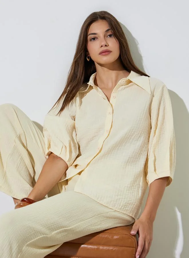Textured Casual 3/4 Sleeve Shirt Yellow