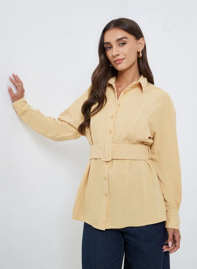 Collared 3/4 Sleeve Belted Shirt Yellow