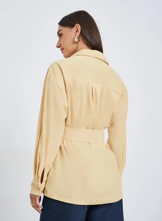 Collared 3/4 Sleeve Belted Shirt Yellow – image 4