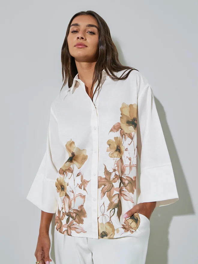 Floral Print 3/4 Sleeve Shirt white