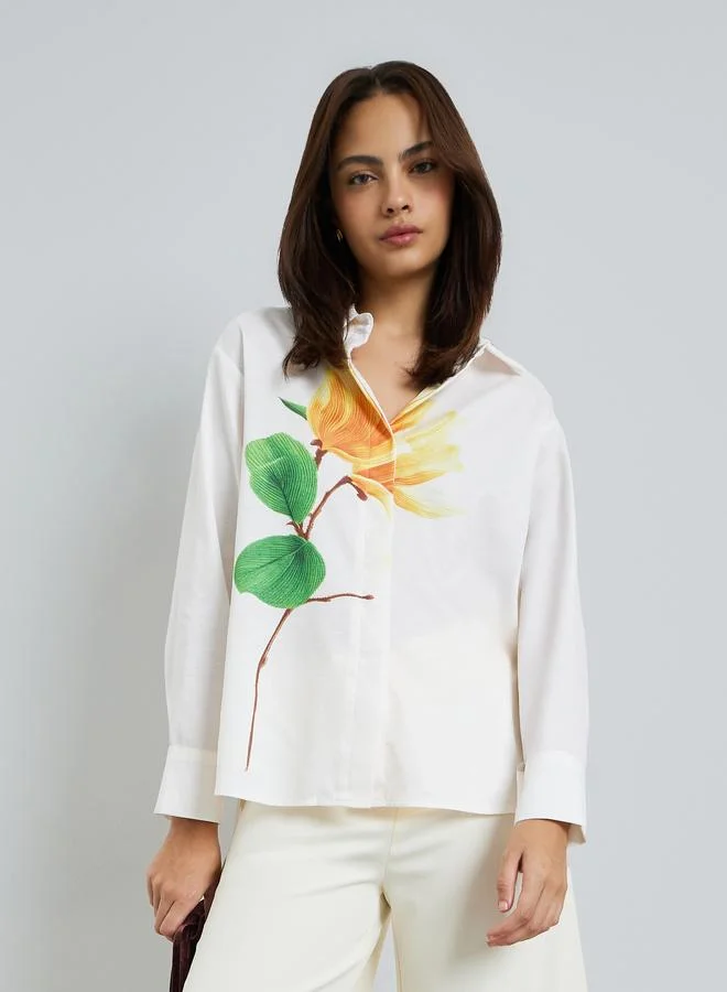 Floral Print 3/4 Sleeve Shirt white