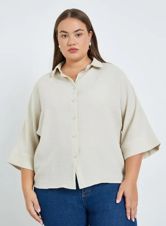 Plus Size Collared Shirt Off White