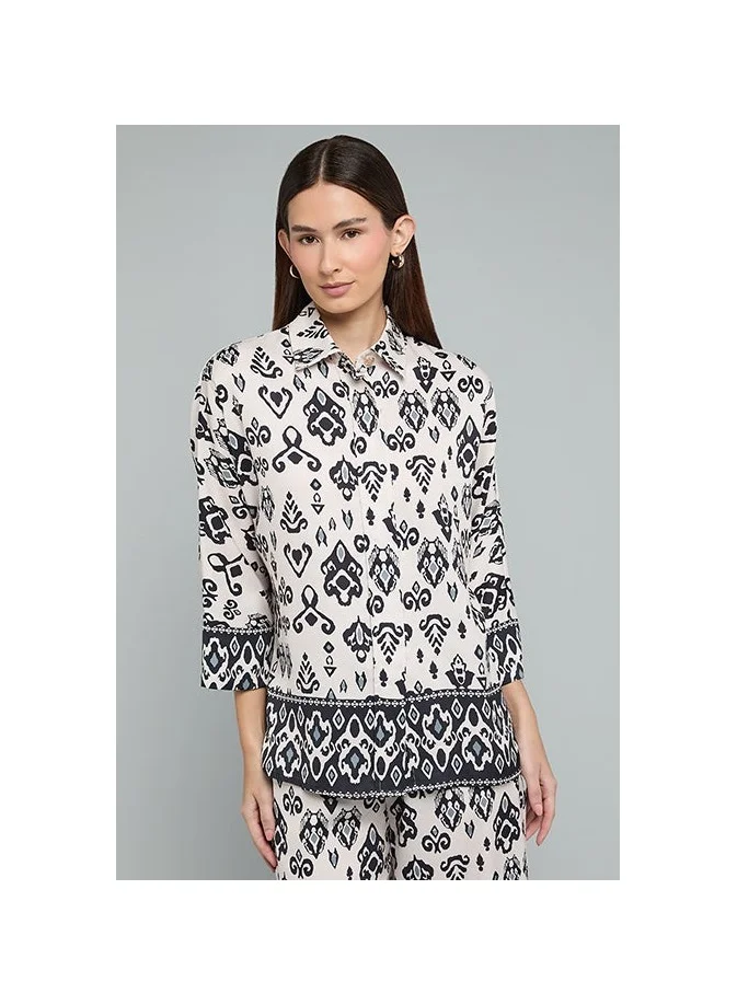 Patterned 3/4 Sleeve Shirt Beige
