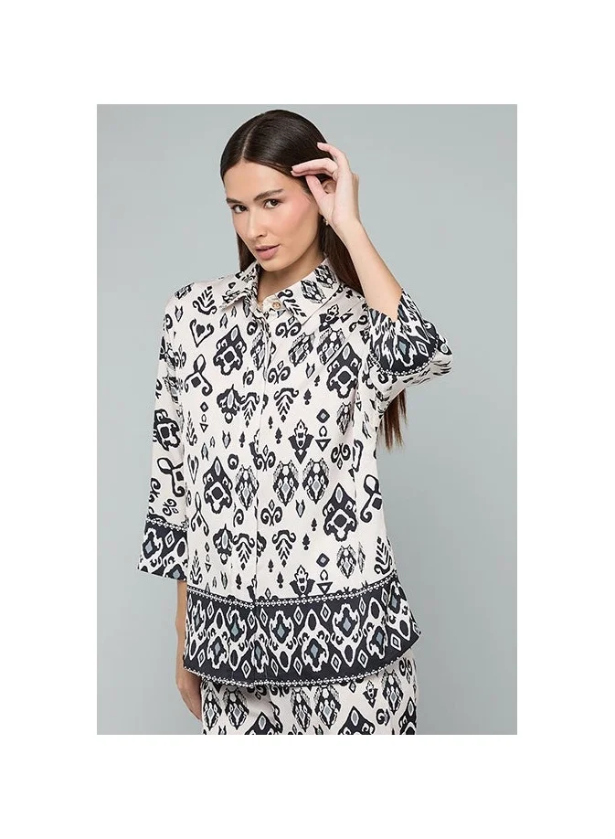 Patterned Shirt with Classic Collar and 3/4 Sleeves
