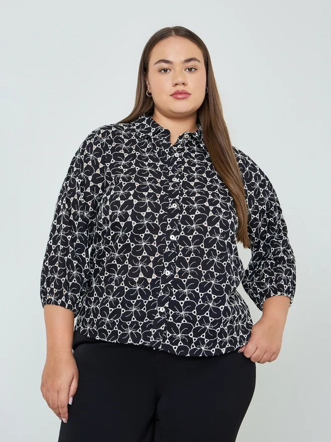 Plus Size Embroidered Eyelet 3/4 Sleeve Shirt Black