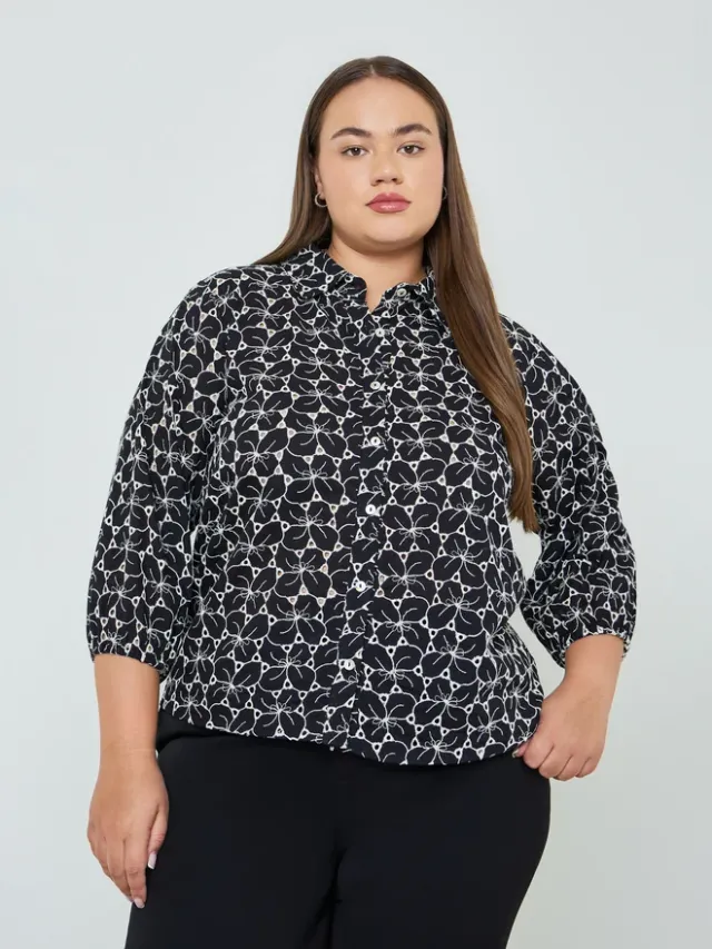 Plus Size Embroidered Eyelet 3/4 Sleeve Shirt Black