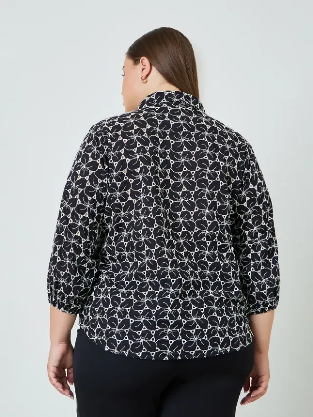 Plus Size Embroidered Eyelet 3/4 Sleeve Shirt Black – image 4