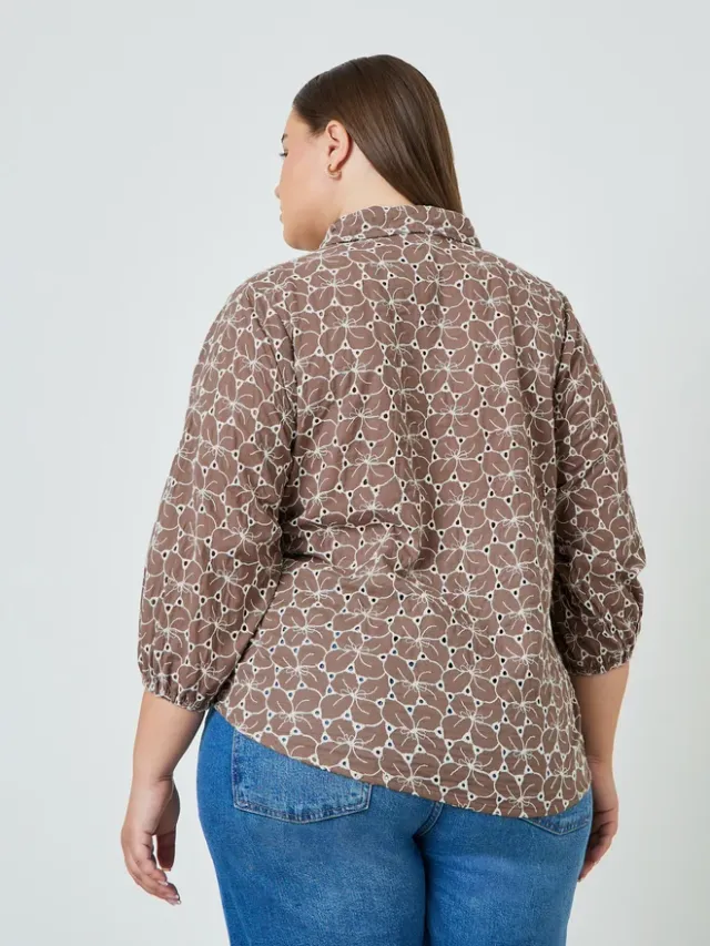 Plus Size Embroidered Eyelet 3/4 Sleeve Shirt Black – image 4
