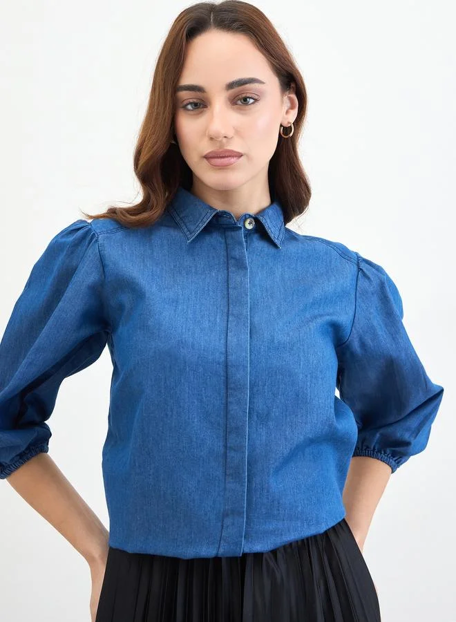 Solid Balloon Sleeve Denim Shirt Medium Blue