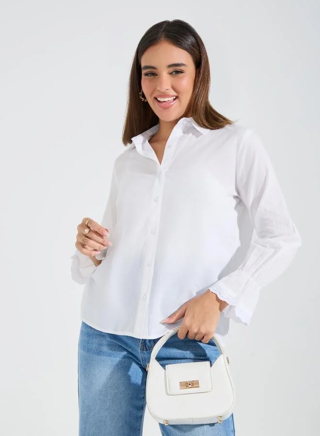 Solid Balloon Sleeve Denim Shirt Medium Blue