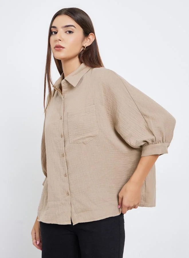 Women's Crinkled 3/4 Sleeve Pocket Shirt Beige