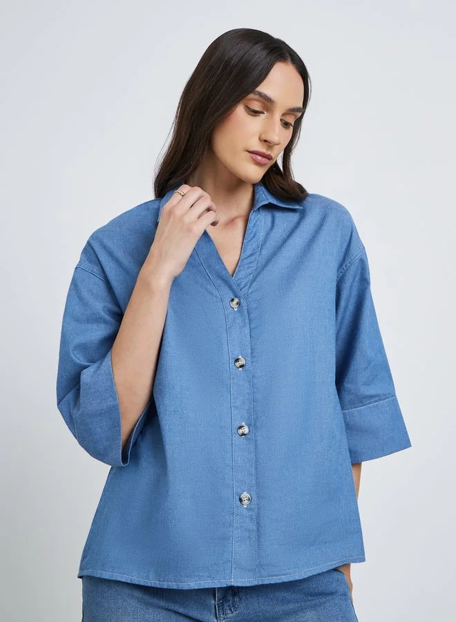Denim Spread Collar Shirt Blue