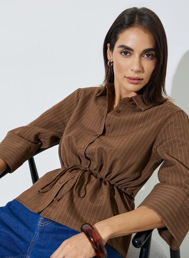 Pinstripe 3/4 Sleeve Shirt with Drawstring Waist Navy Blue