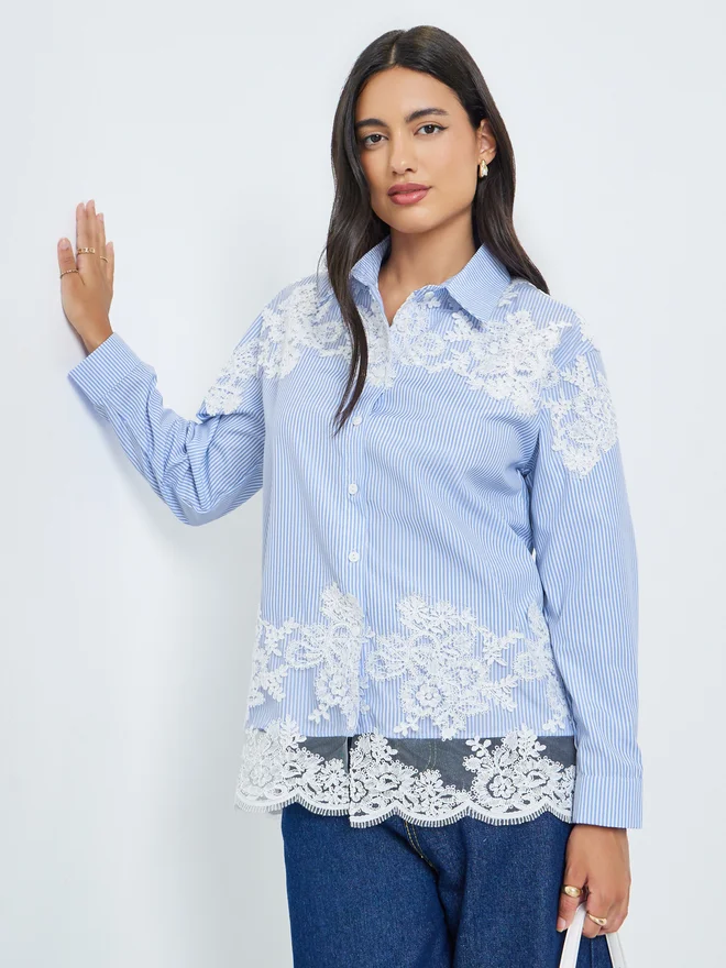 Pinstripe 3/4 Sleeve Shirt with Drawstring Waist Navy Blue