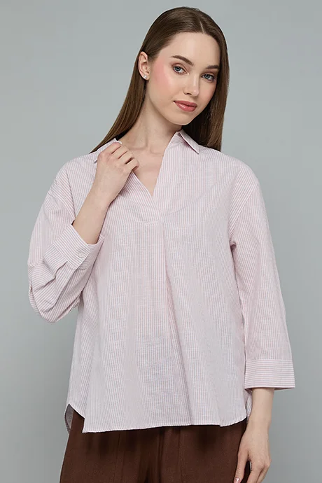 Striped 3/4 Sleeve Spread Collar Shirt Beige
