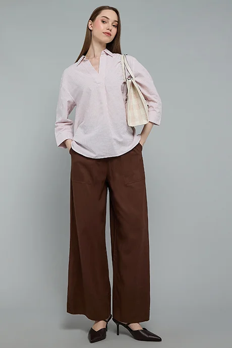 Striped Shirt with Spread Collar and 3/4 Sleeves