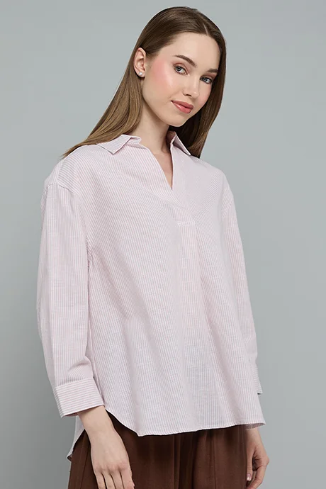 Striped Shirt with Spread Collar and 3/4 Sleeves