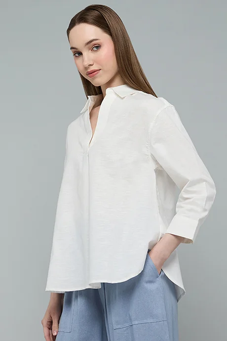 Solid Shirt with Classic Collar and 3/4 Sleeves