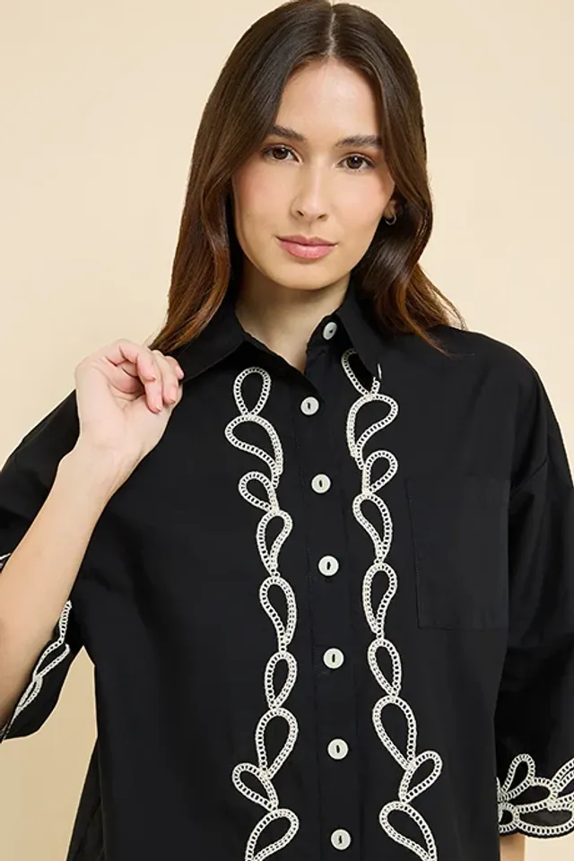 Embroidered 3/4 Sleeve Shirt Black – image 5