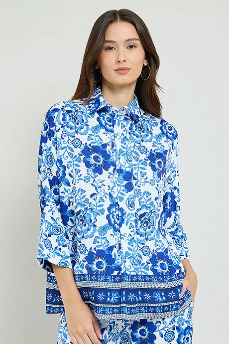 Floral Print Shirt Classic Collar 3/4 Sleeve Blue