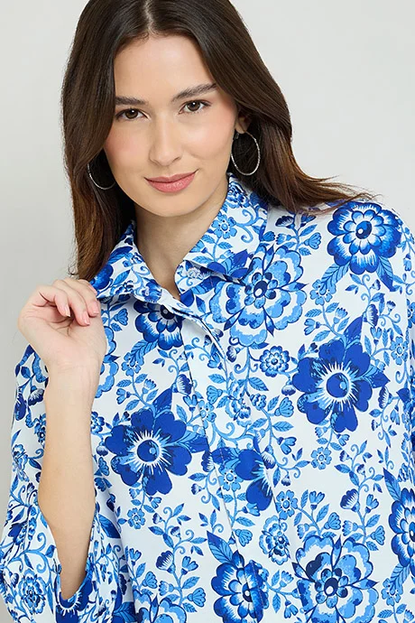 Floral Print Shirt with Classic Collar and 3/4 Sleeves