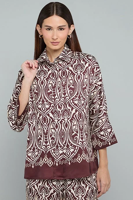 Patterned 3/4 Sleeve Shirt Brown