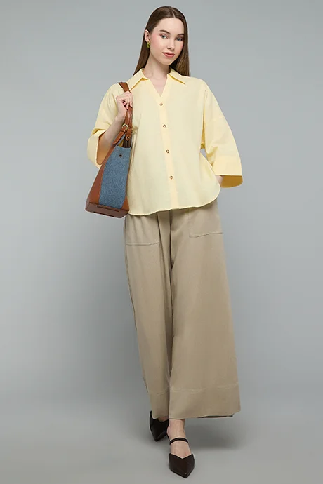 Solid Shirt with Spread Collar and 3/4 Sleeves