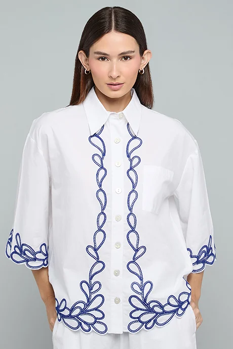 Embroidered Collared 3/4 Sleeve Shirt Cream