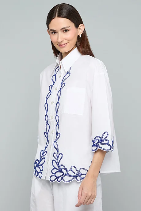 Embroidered Shirt with Classic Collar and 3/4 Sleeves