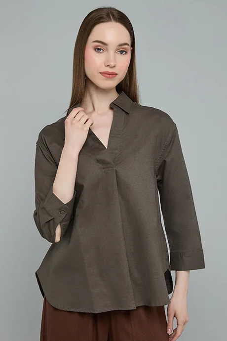 Solid Shirt Classic Collar 3/4 Sleeve Green