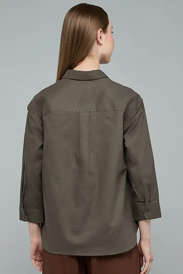 Solid Shirt Classic Collar 3/4 Sleeve Green – image 5
