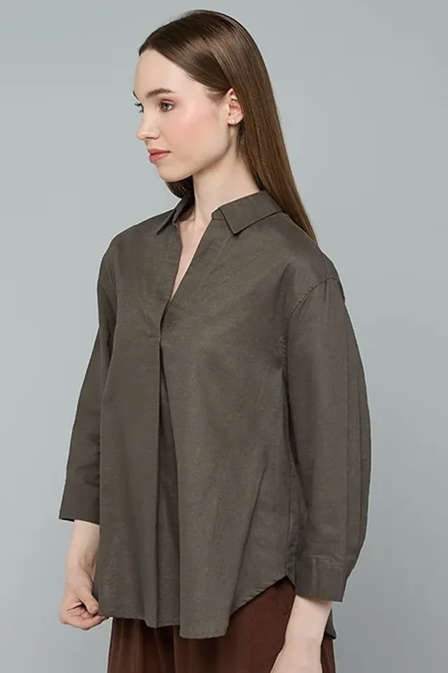 Solid Shirt Classic Collar 3/4 Sleeve Green – image 6