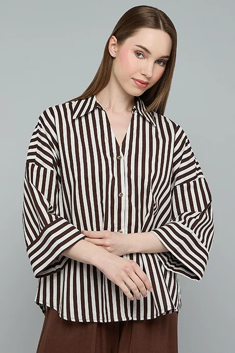 Striped Spread Collar 3/4 Sleeve Shirt Brown