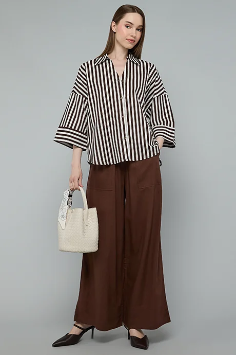 Striped Shirt with Spread Collar and 3/4 Sleeves