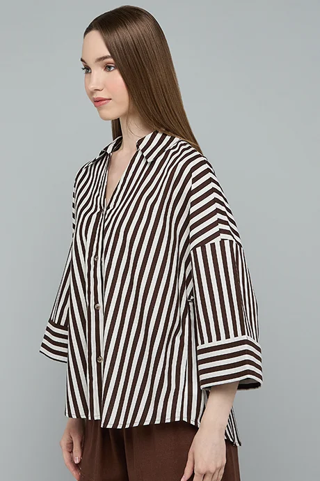 Striped Shirt with Spread Collar and 3/4 Sleeves