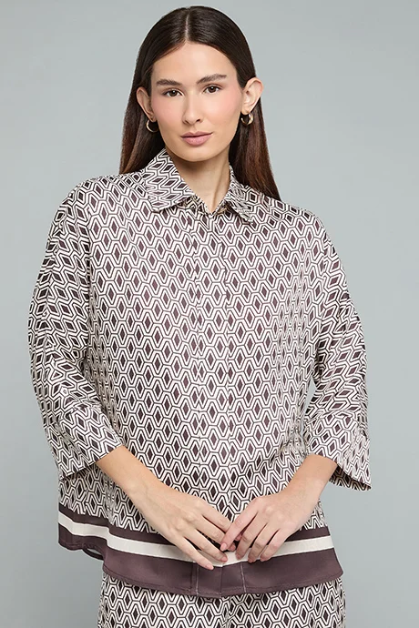 Patterned 3/4 Sleeve Shirt Brown