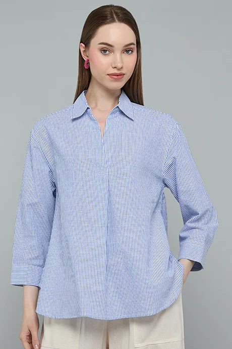 Striped Spread Collar 3/4 Sleeve Shirt Blue
